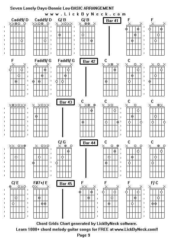 Chord Grids Chart of chord melody fingerstyle guitar song-Seven Lonely Days-Bonnie Lou-BASIC ARRANGEMENT,generated by LickByNeck software.